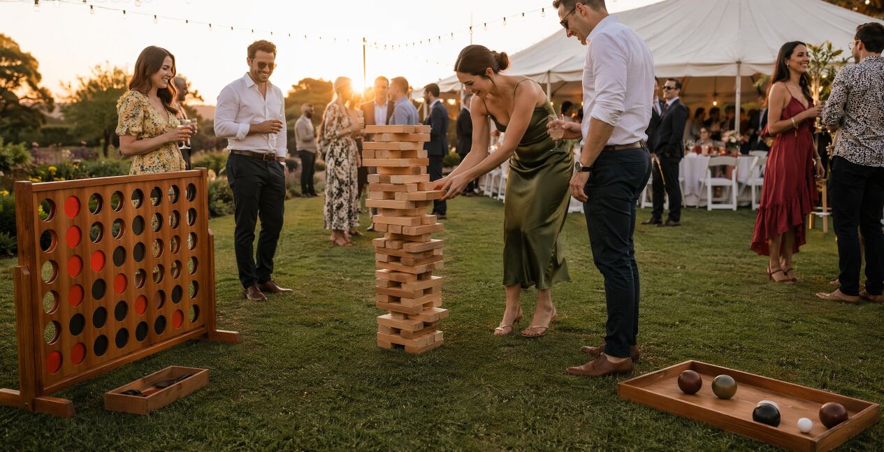 Giant lawn games at an outdoor wedding