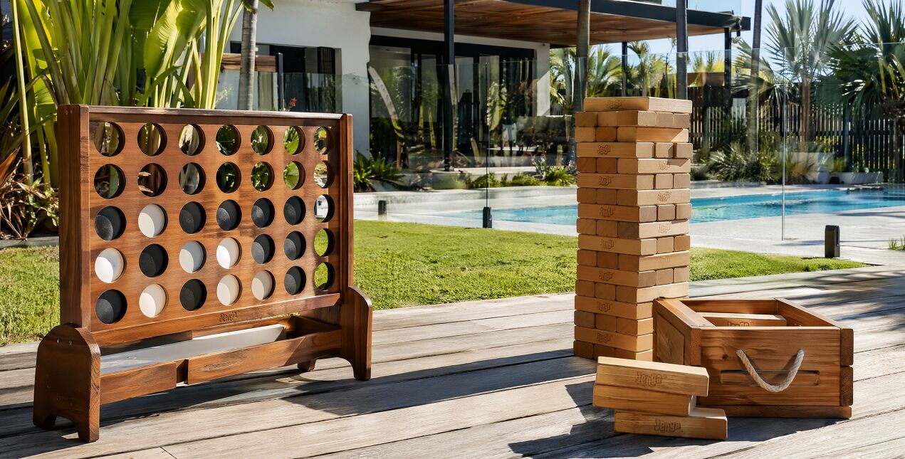 Giant games set up by the pool at a holiday home
