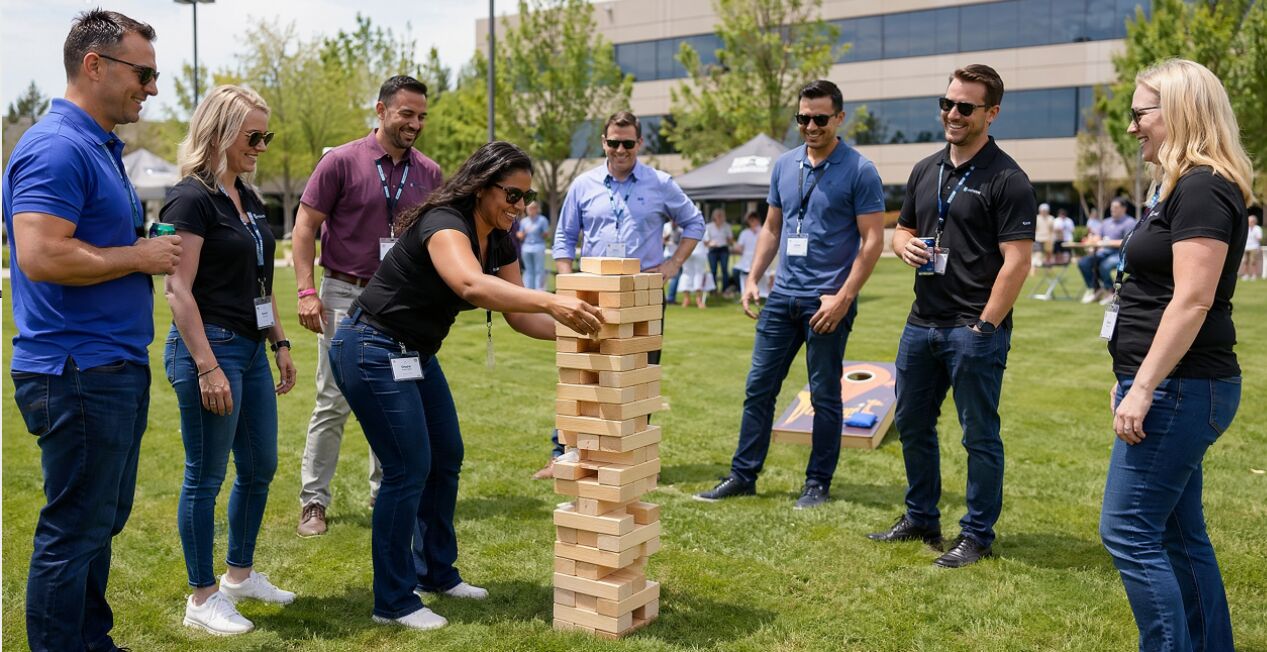 Corporate team playing giant Jenga