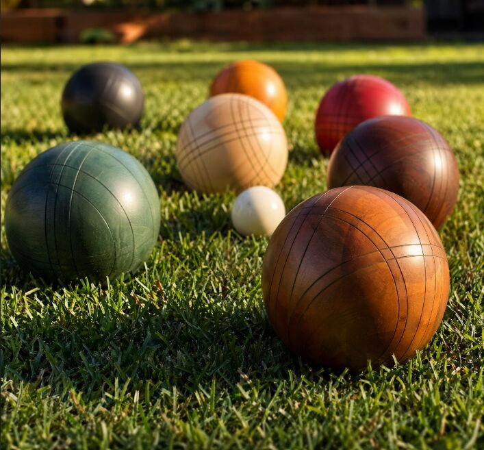 Premium bocce balls on green lawn