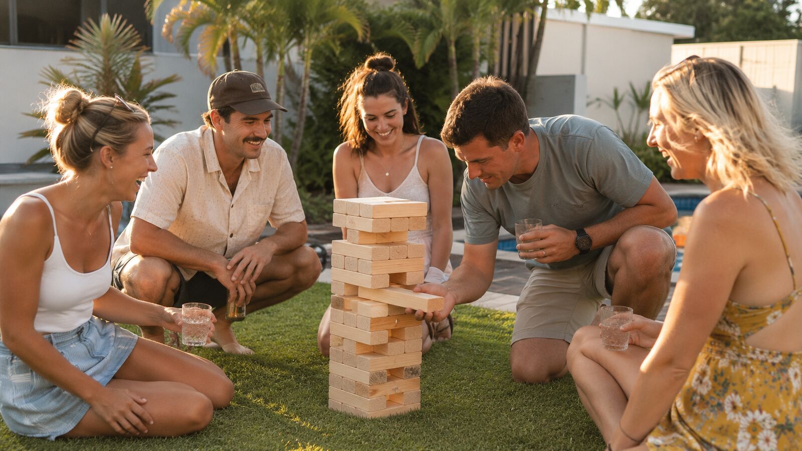 Friends playing giant Jenga at a backyard party on the Sunshine Coast