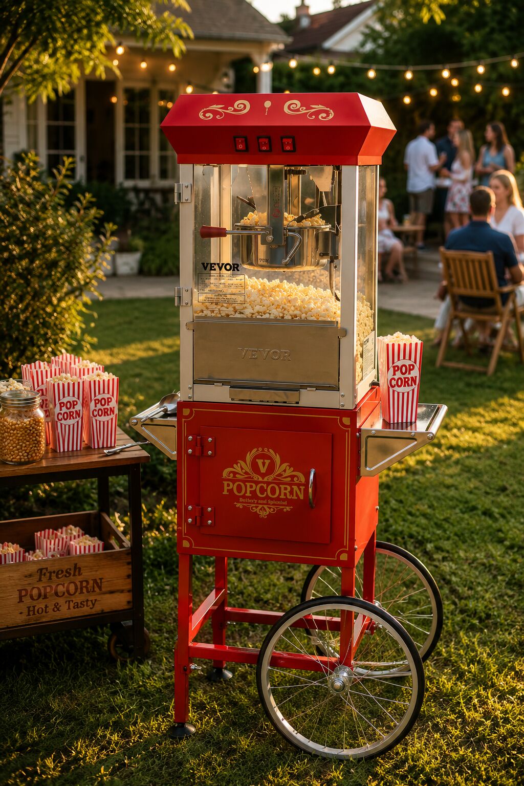 Vintage popcorn machine and cart at an outdoor party